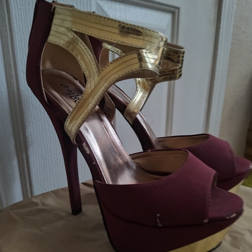 Charlotte Russe Burgundy and Gold Platform Stilletos